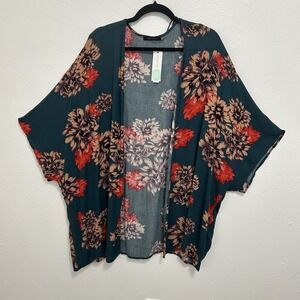 Hail3y:23  Hiatt‎ Green Floral  Crepe Open Kimono Drape Cover Up Topper Size XL